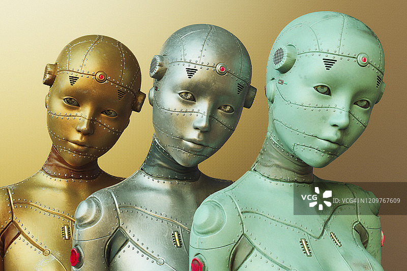 三个女机器人由金色，银色和蓝色的金属制成图片素材