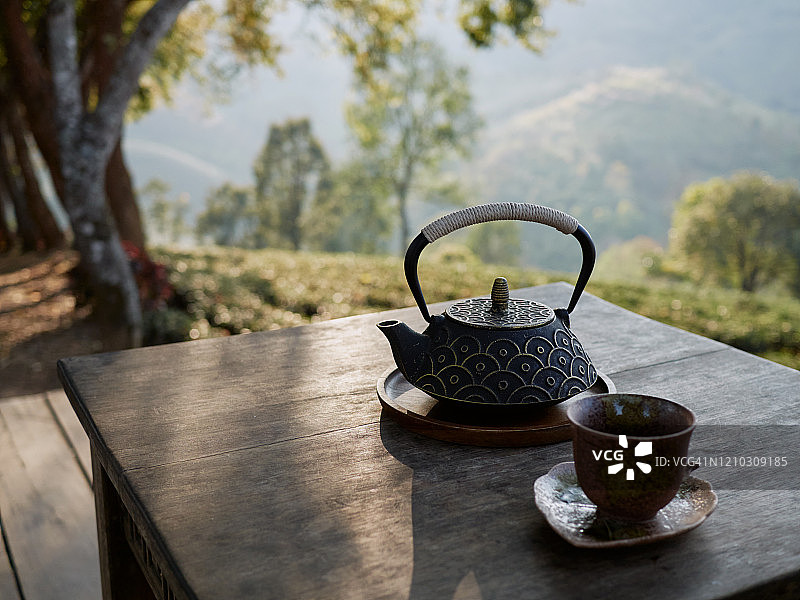 花园里桌子上的茶壶和茶杯图片素材