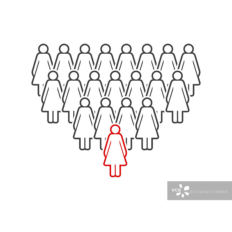 一组女性线条图标，前面的领导者用红色高亮显示。矢量图图片素材