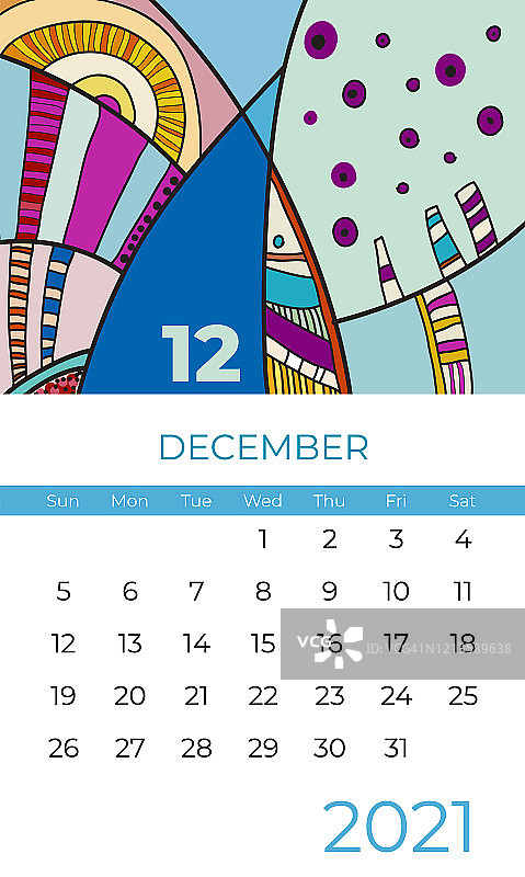 2021年12月日历抽象当代艺术矢量。书桌，屏幕，桌面12月，2021年，五颜六色的2021年日历图片素材
