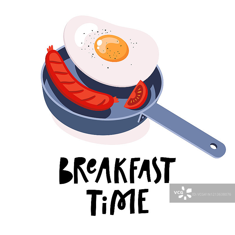 煎蛋和香肠。烹饪过程。卡通平的风格。早餐时间手写信件。矢量插图。图片素材