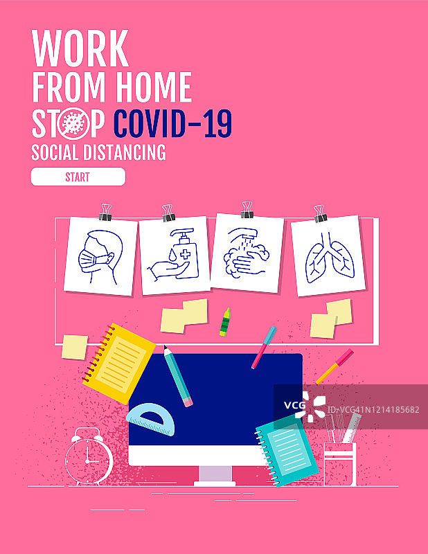 在家工作，社交距离概念，阻止Covid-19，人们为感染风险和疾病保持距离，冠状病毒，卡通人物，媒介插图。图片素材