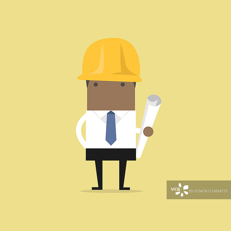 非洲建筑师或工程师戴着黄色安全帽，带着建筑项目蓝图卷，供投资者介绍建筑行业。图片素材