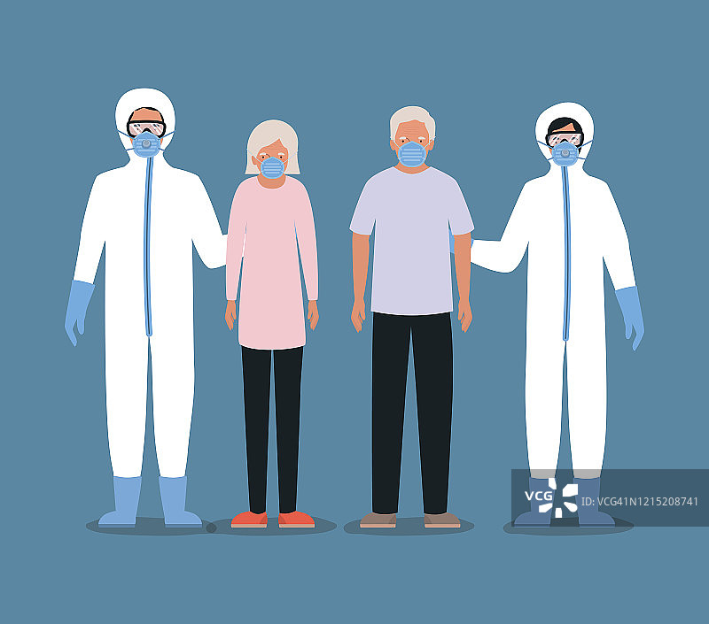 戴口罩的老年男女和身着防护服的医生防止Covid - 19病媒设计图片素材