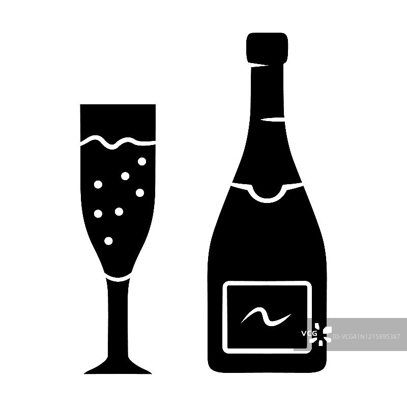 香槟字形图标。开了瓶塞的酒瓶和长笛杯的起泡酒。泡沫饮料。香槟。周年纪念,生日喝。轮廓的象征。负空间。向量孤立的插图图片素材