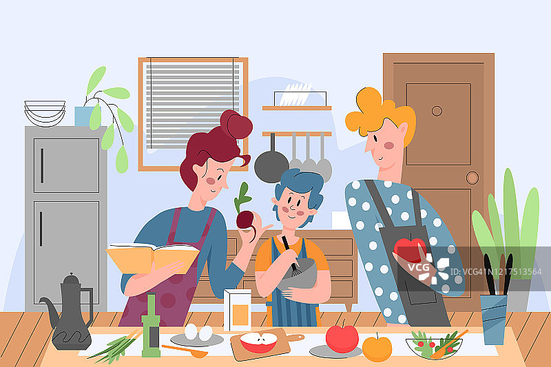 家庭烹饪，人们在厨房矢量插图家庭烹饪图片素材