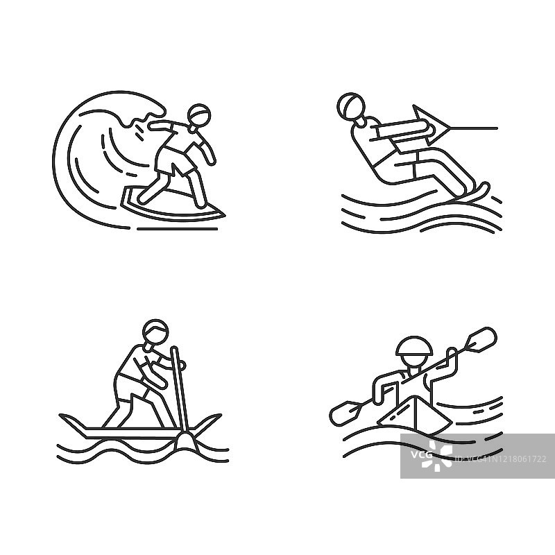 水上运动线性图标集。冲浪、滑水、漂流和冲浪。极限运动。细线等高线符号。孤立矢量大纲插图。可编辑的中风图片素材