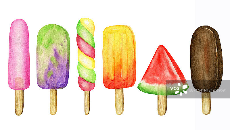 水彩冰棒彩色套装。鲜艳的颜色水果收集冷冻冰棒。巧克力，蓝莓，奇异果，樱桃，香蕉。夏天的概念。白色背景上的冰淇淋孤立插图。图片素材