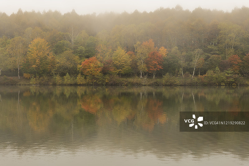 秋天浓雾中的湖泊图片素材