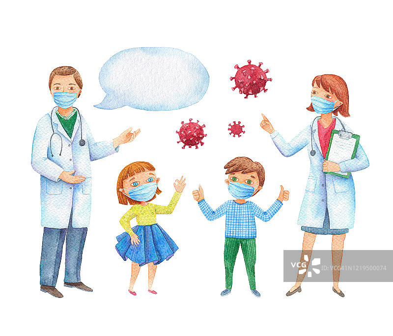 一个医生和孩子在面具的水彩插图。防止冠状病毒。可爱的儿童插图医生和一个孩子。在大流行期间提供信息的横幅。图片素材