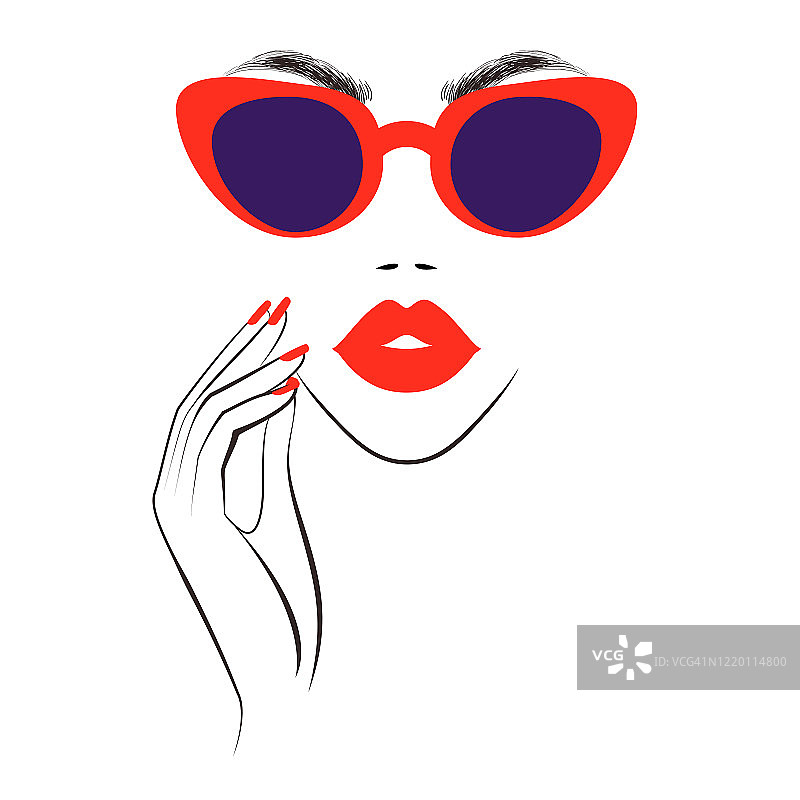 时尚的女人在时尚的太阳镜，红色的指甲，红色的嘴唇，印花t恤，抽象的壁纸背景。美丽的标志。矢量插图。图片素材