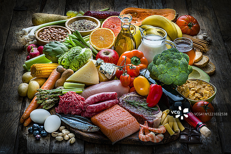 食物金字塔:各类食物种类繁多;蛋白质，碳水化合物和纤维图片素材