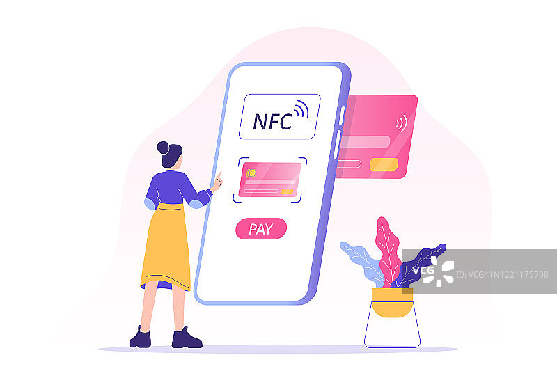 NFC无线支付技术概念。年轻女子用近场通讯技术付款。手机非接触式支付。在线交易。智能手机网上银行。向量孤立的插图图片素材