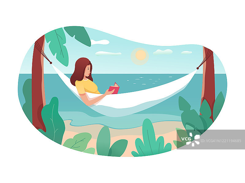 一个女人在海边的吊床上看书图片素材