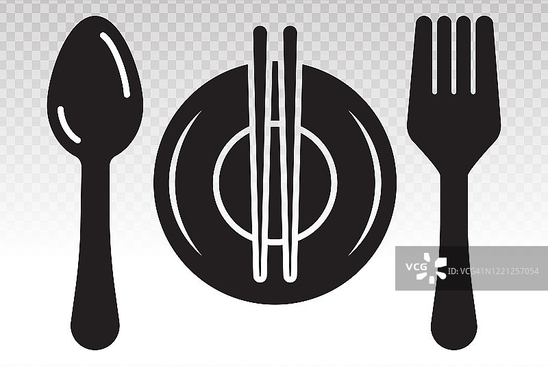 用餐矢量平面图标与盘子，筷子，叉子和刀在一个透明的背景图片素材
