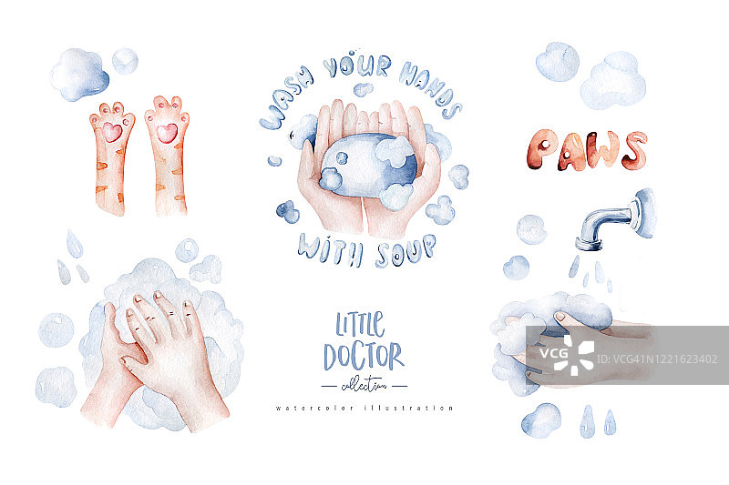洗你的手的孩子海报水彩画与猫爪子。手绘。洗手。以卡通风格绘画。个人卫生图片素材