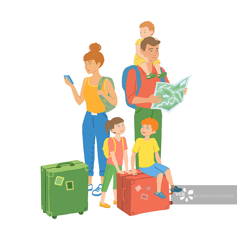 一个带着行李箱旅行的游客家庭。父母和孩子在度假。矢量手绘孤立的插图。图片素材