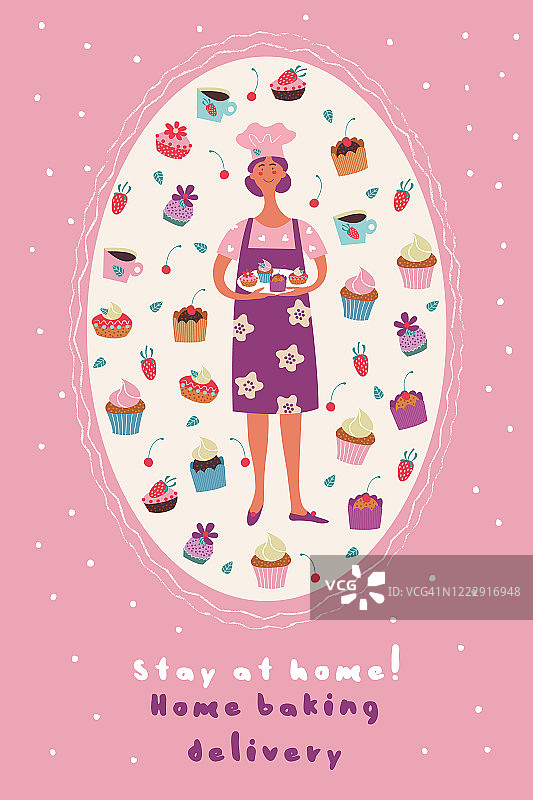可爱的明信片，自制糖果，蛋糕和馅饼。女糕点师和新鲜美味的蛋糕。呆在家里。家庭烘焙交付。矢量插图。图片素材