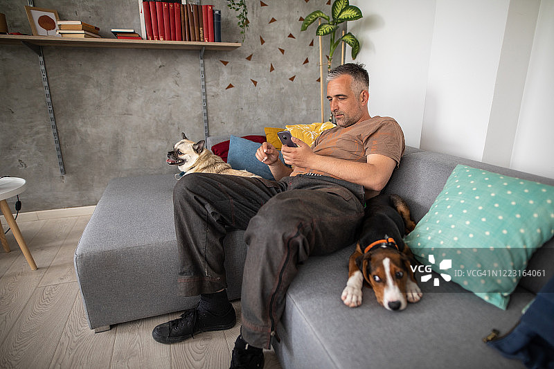 在冠状病毒封锁期间，一名男子在网上冲浪，和他的狗一起放松图片素材