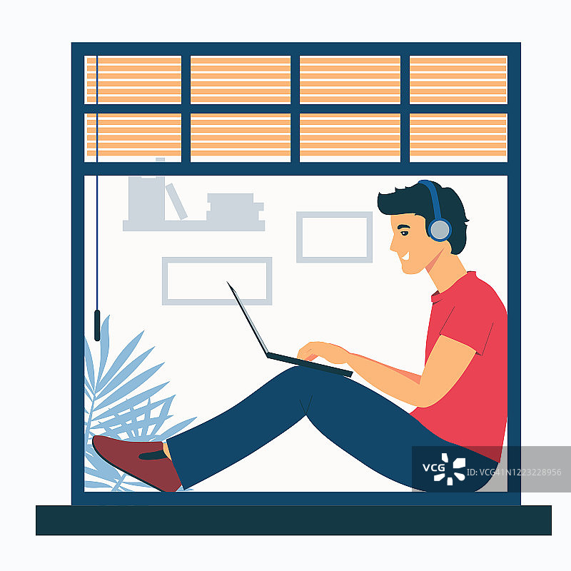 一个男人坐在窗台上拿着笔记本电脑。一个自由职业者在听音乐。远程工作,自由。独自和朋友聊天。平面插图孤立在白色图片素材