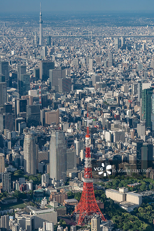 东京天空树和东京塔从飞机上鸟瞰日本东京图片素材