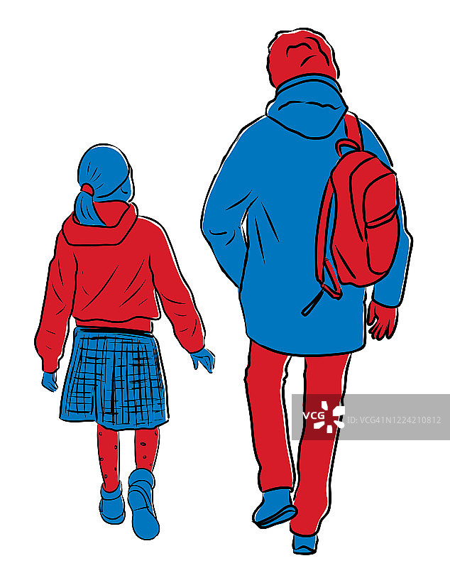 矢量插图的一个男人和他的女儿一起走在户外图片素材