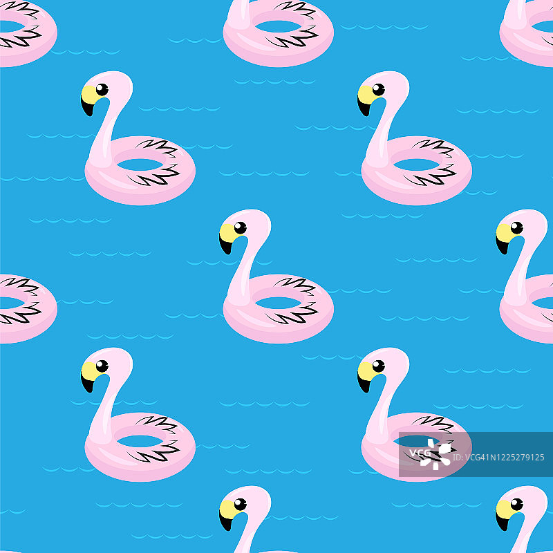 充气粉色火烈鸟玩具无缝模式隔离在蓝色背景。儿童游泳池环。橡胶热带鸟类形状。图片素材