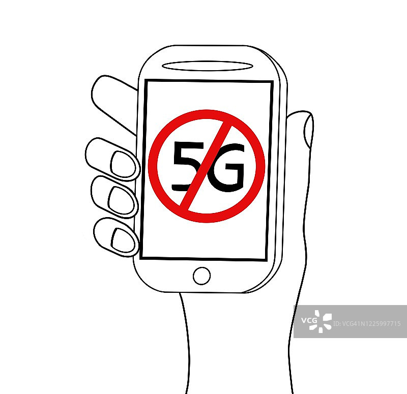 手显示有5G符号的智能手机。5G对手，不要相信5G，停止5G图片素材
