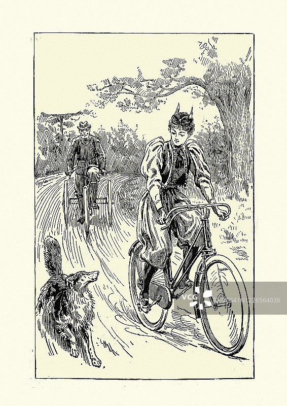 19世纪90年代，维多利亚时代，一名年轻女子带着她的狗外出骑自行车图片素材