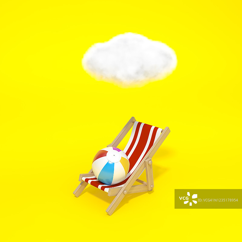 突出的沙滩椅，甲板椅，太阳椅，木制沙滩躺椅下的黄色背景的云3d渲染。3d插图雨季和夏季季节最小的概念。图片素材