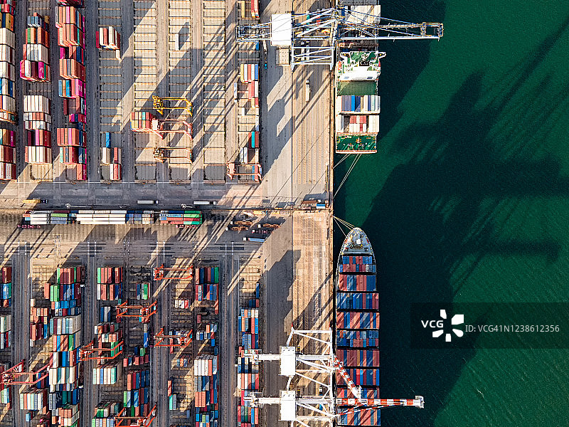 航拍集装箱船在进出口业务中运载集装箱，国际集装箱货运船，工业港口集装箱船运输。图片素材