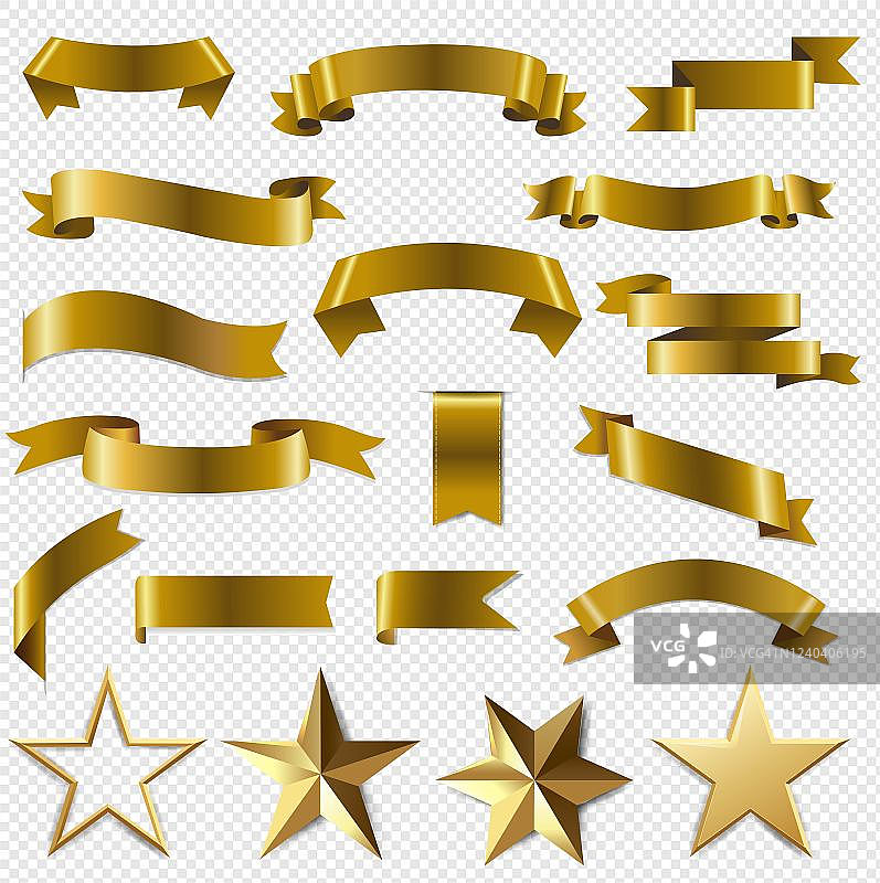 金色丝带和星星设置透明背景图片素材