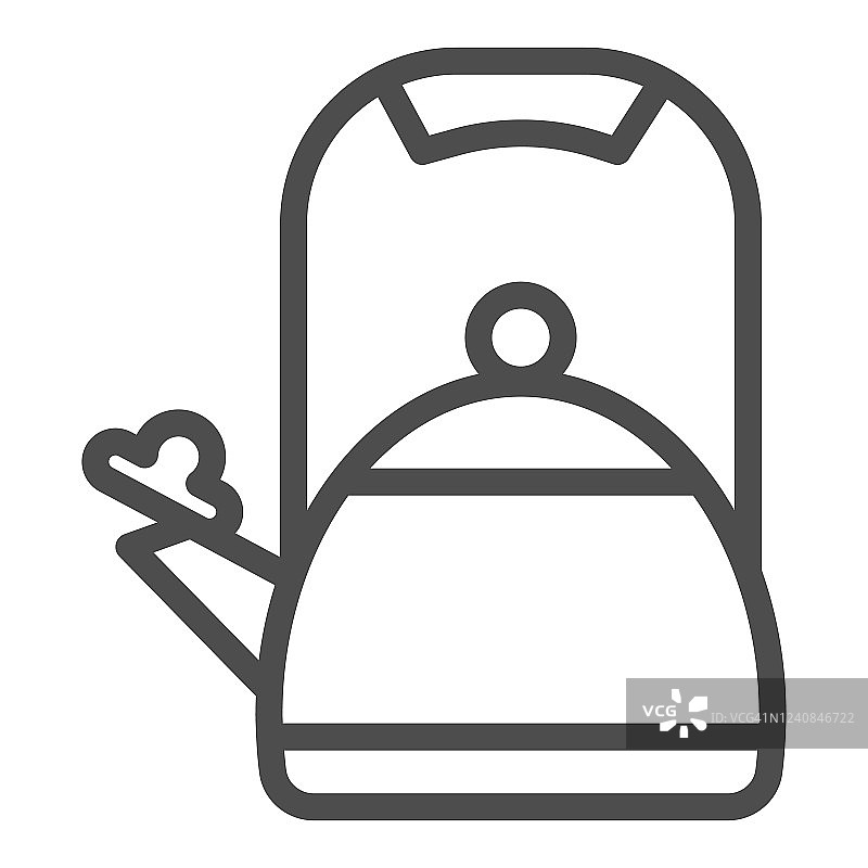 茶壶线图标，厨房电器概念，水壶与哨子标志在白色背景，厨房茶壶图标轮廓风格的移动概念和网页设计。矢量图形。图片素材