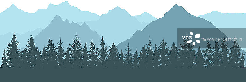 真实的森林背景的山与雾，剪影。矢量图图片素材