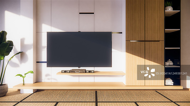 客厅禅宗室内的电视柜和搁板墙设计具有日式风格。三维渲染图片素材