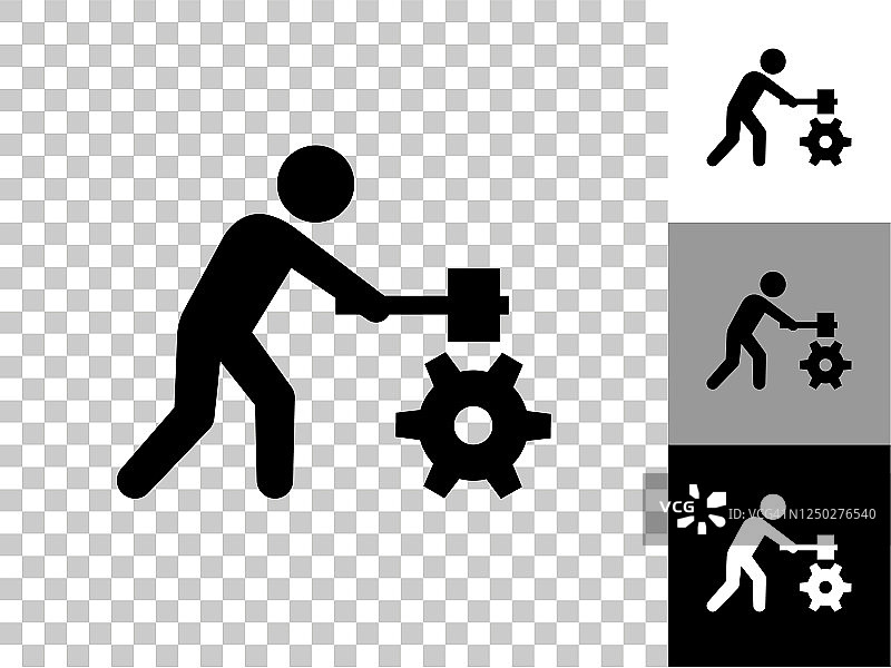 Stick Figure Building Gear Icon on Checkerboard透明背景图片素材