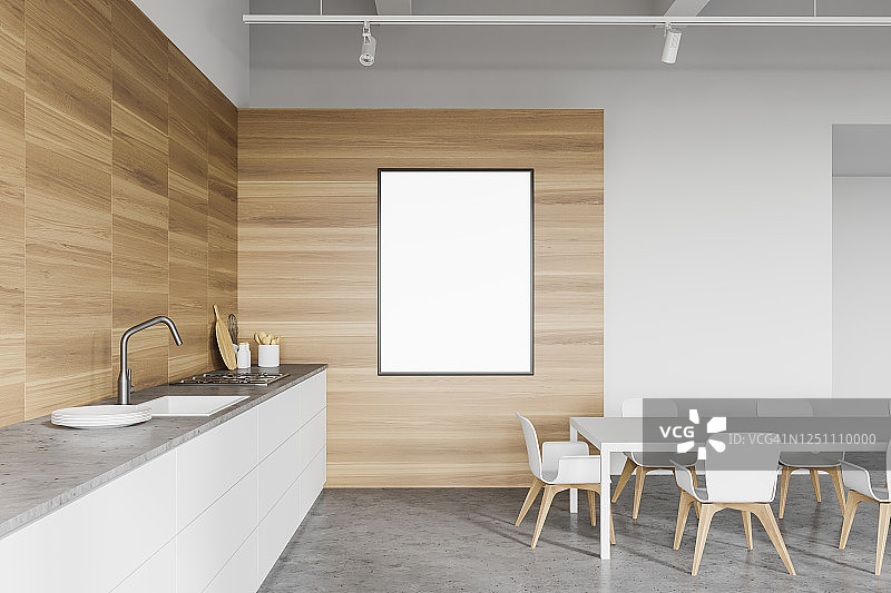 白色和木制的厨房，桌子和海报图片素材