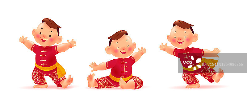 快乐的中国男孩在传统汉服系列孤立的白色背景。图片素材