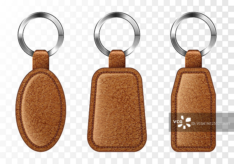 皮革钥匙链，棕色钥匙圈持有人设置。图片素材