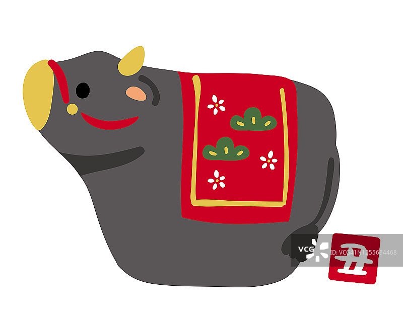 牛年装饰娃娃的插图。“牛”字的邮票是用日语画的。图片素材