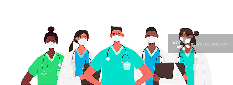 2019 - ncov冠状病毒。一组医生字符在白色医疗面具。停止冠状病毒的概念。医疗队医生、护士、治疗师、外科医生、专业医院工作者、医护人员。图片素材