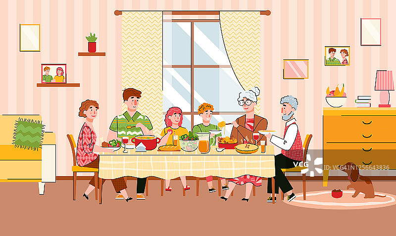 家庭聚餐聚餐一起卡通矢量插图。图片素材