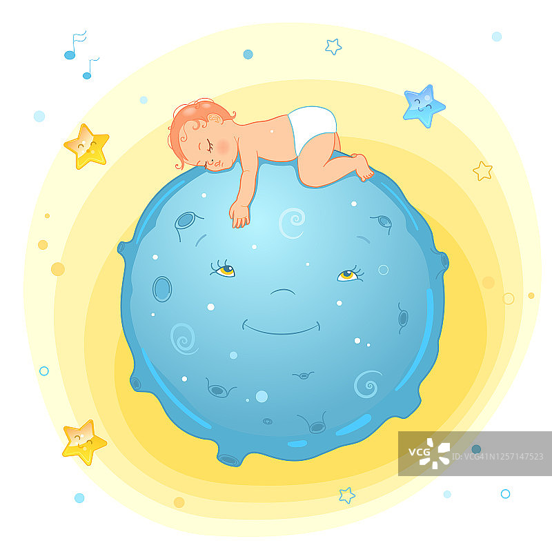 一个婴儿在月球上睡觉的矢量插图。现实的卡通婴儿在尿布。尿片包装或广告插图。图片素材