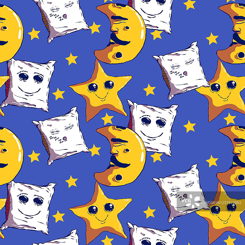 手绘可爱卡通无缝插图-枕头，月亮和星星。图片素材