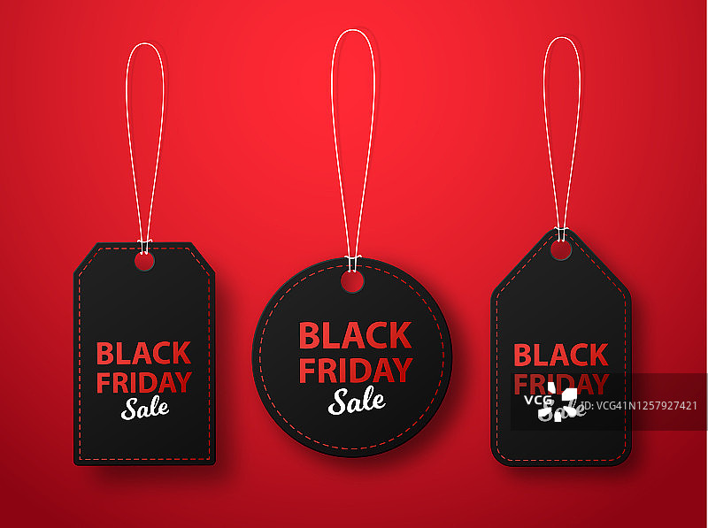 黑色星期五销售矢量元素，黑色价格标签上的晾衣绳在红色的背景。特殊折扣矢量符号促销图标。图片素材