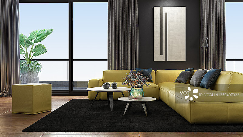 金色的真皮沙发在豪华黑暗的室内客厅与现代极简主义意大利风格的开放式空间厨房图片素材