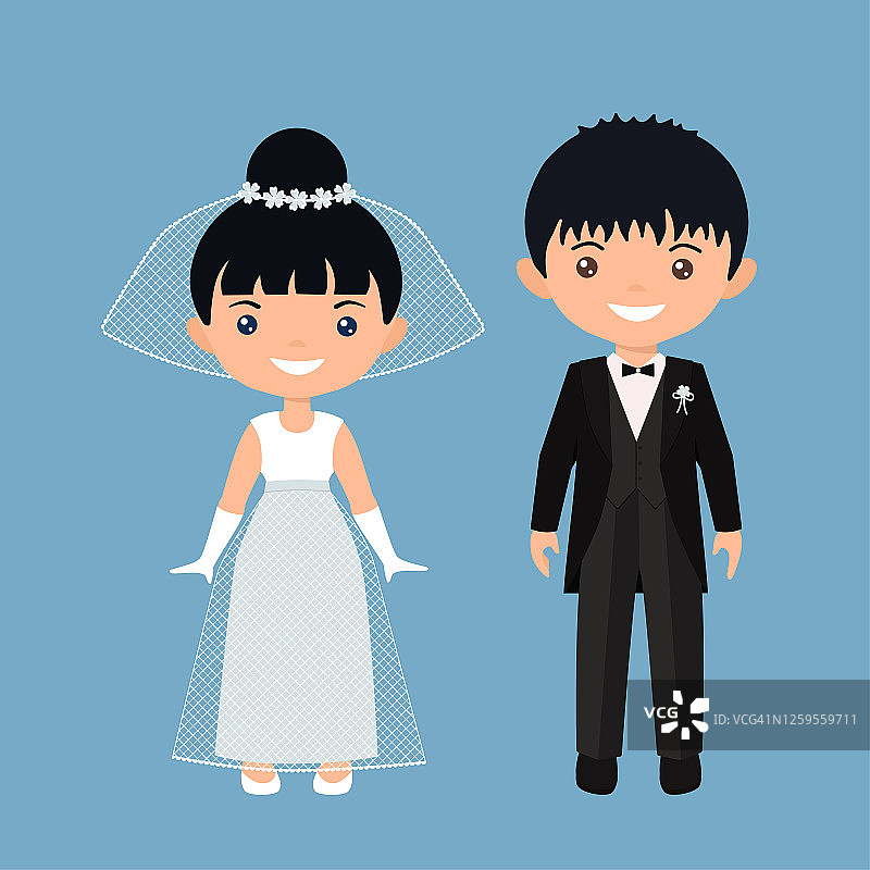 可爱的赤比人物，男孩和女孩在婚礼的服装。平的卡通风格图片素材