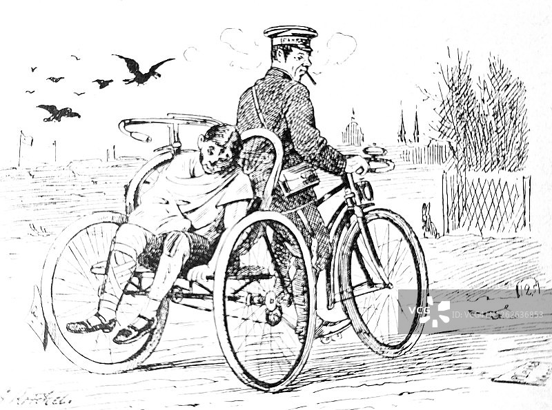 在一辆自行车撞车后用三轮车运送病人图片素材