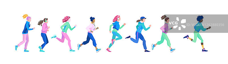 一组正在慢跑的健康年轻妇女。矢量插图在卡通风格的奔跑的金发和黑发的各个民族的女孩。非洲、亚洲和欧洲的妇女穿着运动服跑步。图片素材