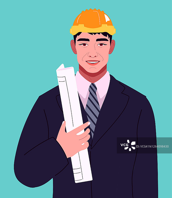 一个年轻的男性建筑工人，商人，经理，设计师，工程师的肖像。一个穿西装戴安全帽的人手里拿着一个建筑项目。全脸的观点。平面设计矢量插图。图片素材
